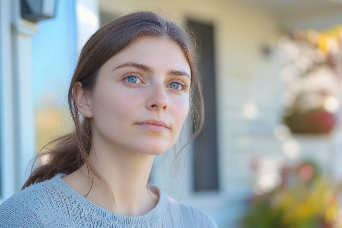 Eine Frau steht vor ihrem Haus | Quelle: Midjourney