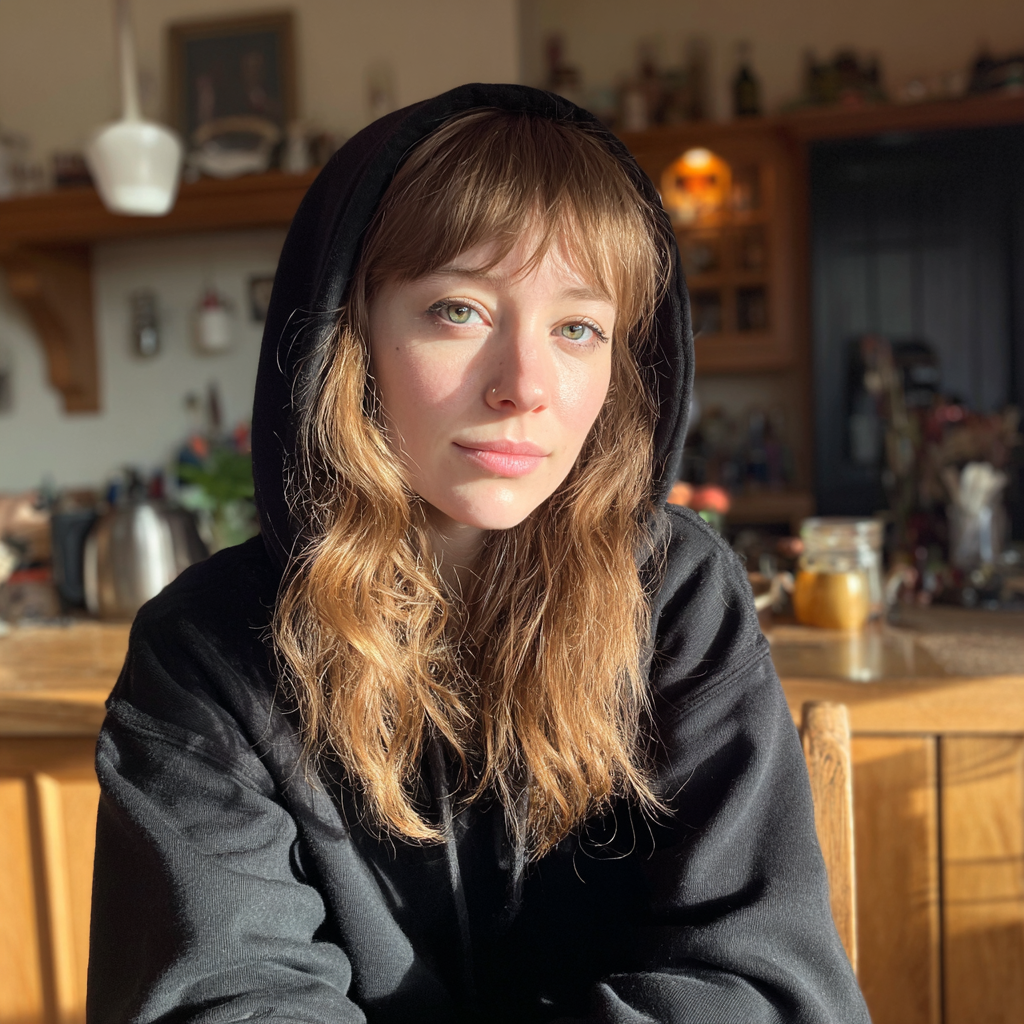 Eine Frau in einem schwarzen Kapuzenpulli sitzt an einem Küchentisch | Quelle: Midjourney