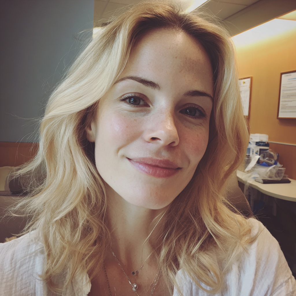 Eine lächelnde Frau, die in einem Wartezimmer sitzt | Quelle: Midjourney