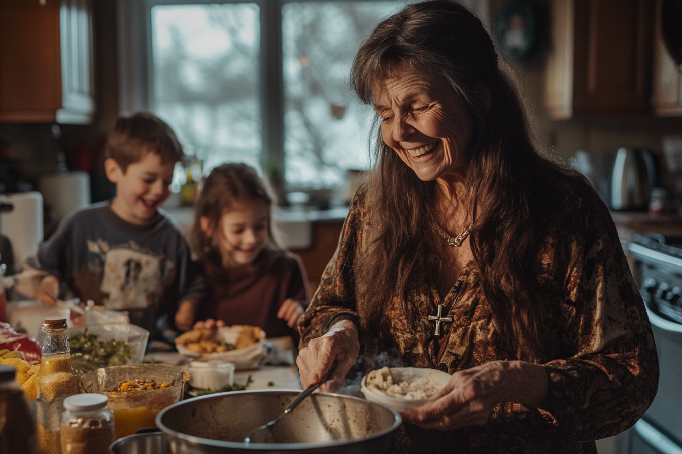 Eine Frau in den 60ern kocht lächelnd in der Küche, während zwei Kinder im Hintergrund helfen | Quelle: Midjourney