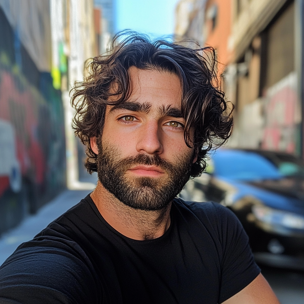 Ein nachdenklicher Mann, der ein schwarzes T-Shirt trägt und in einer Gasse steht | Quelle: Midjourney