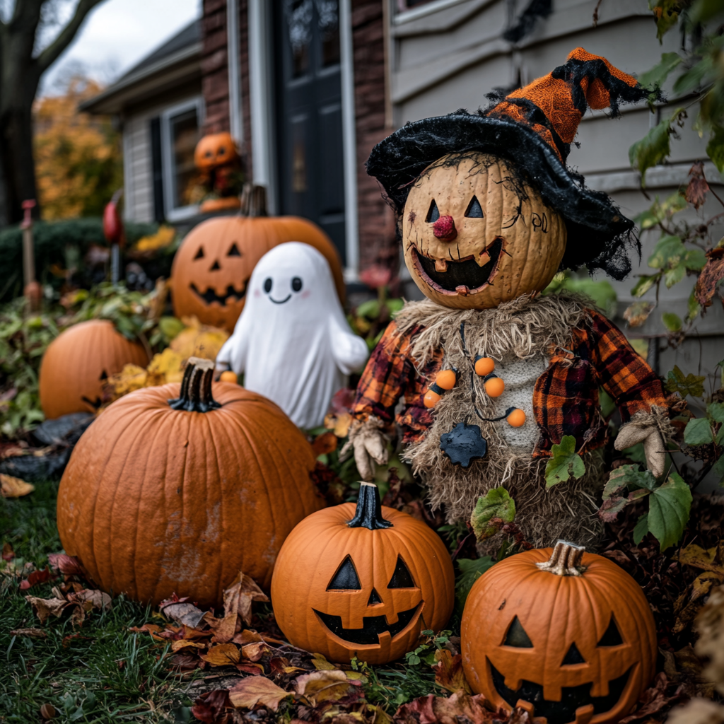 Ein für Halloween geschmückter Hof mit einer Vogelscheuche, freundlichen Geistern und riesigen Kürbissen | Quelle: Midjourney