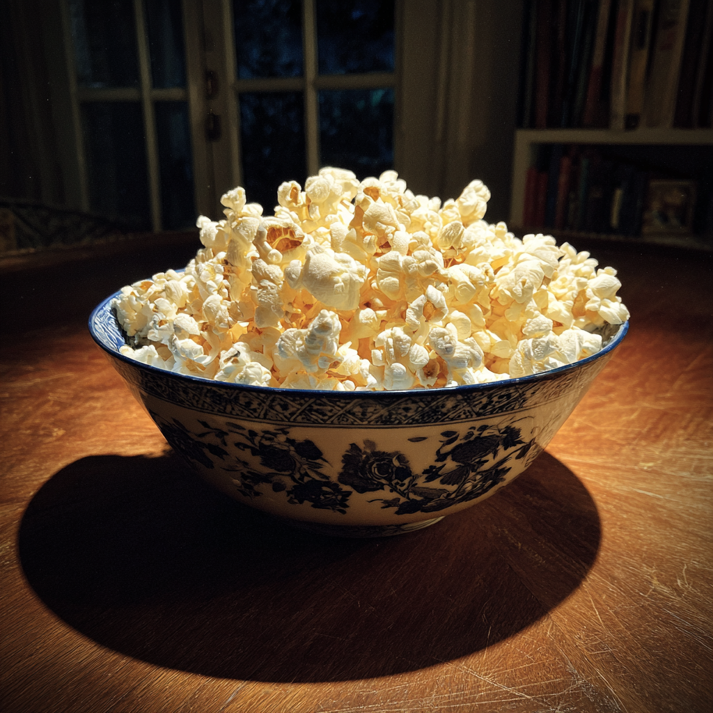Eine Schüssel Popcorn auf einem Tisch | Quelle: Midjourney