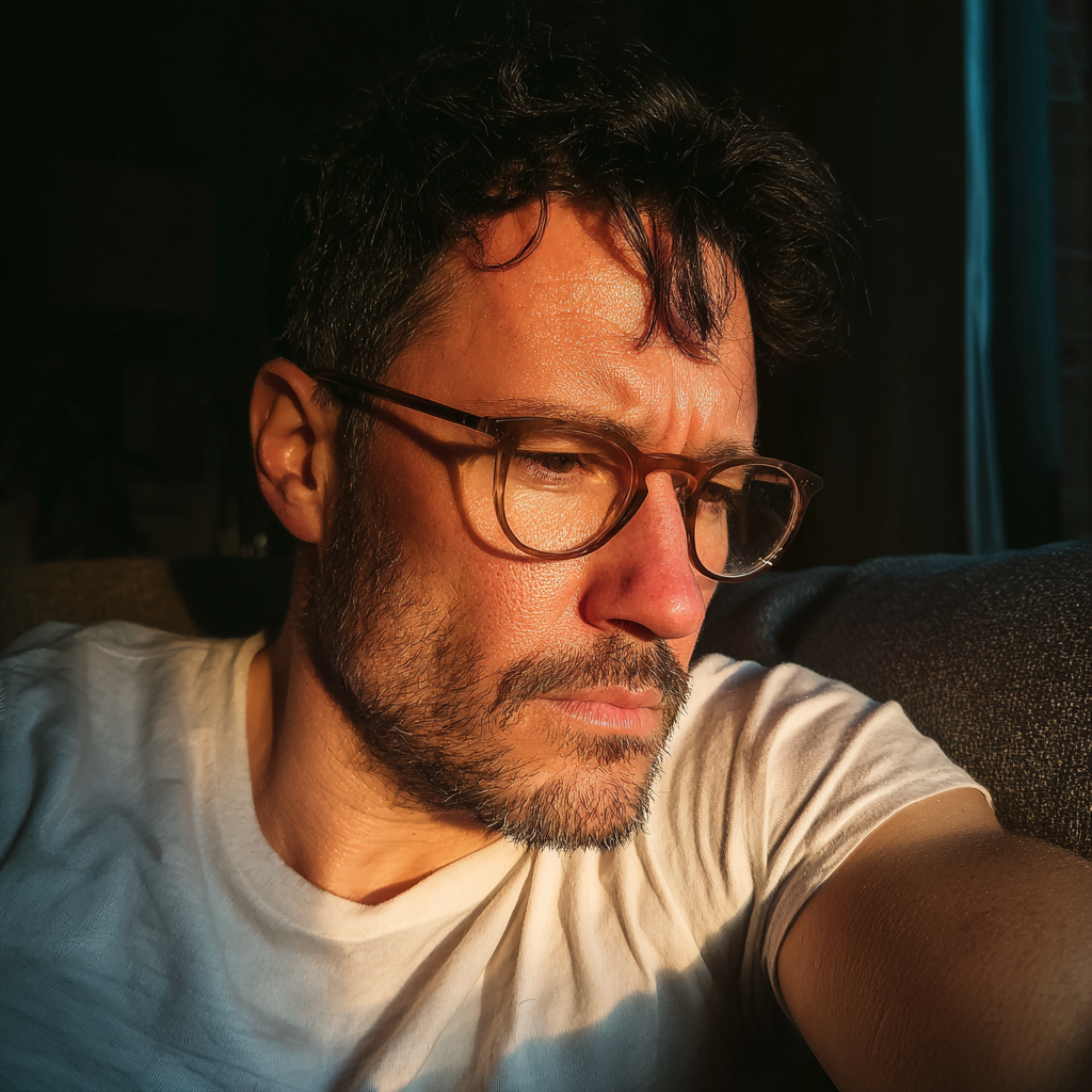 Ein nachdenklicher Mann sitzt auf einer Couch | Quelle: Midjourney