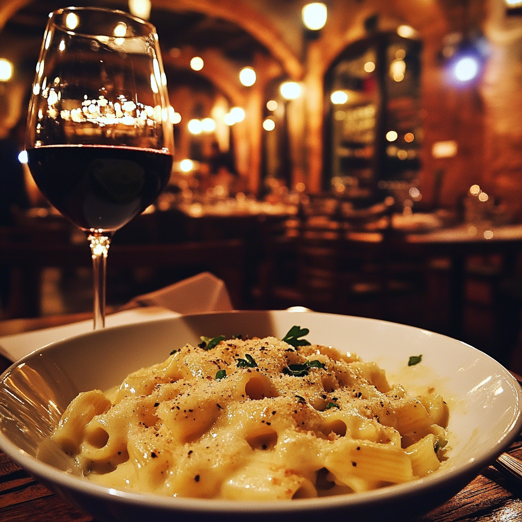 Essen und Wein in einem Restaurant | Quelle: Midjourney