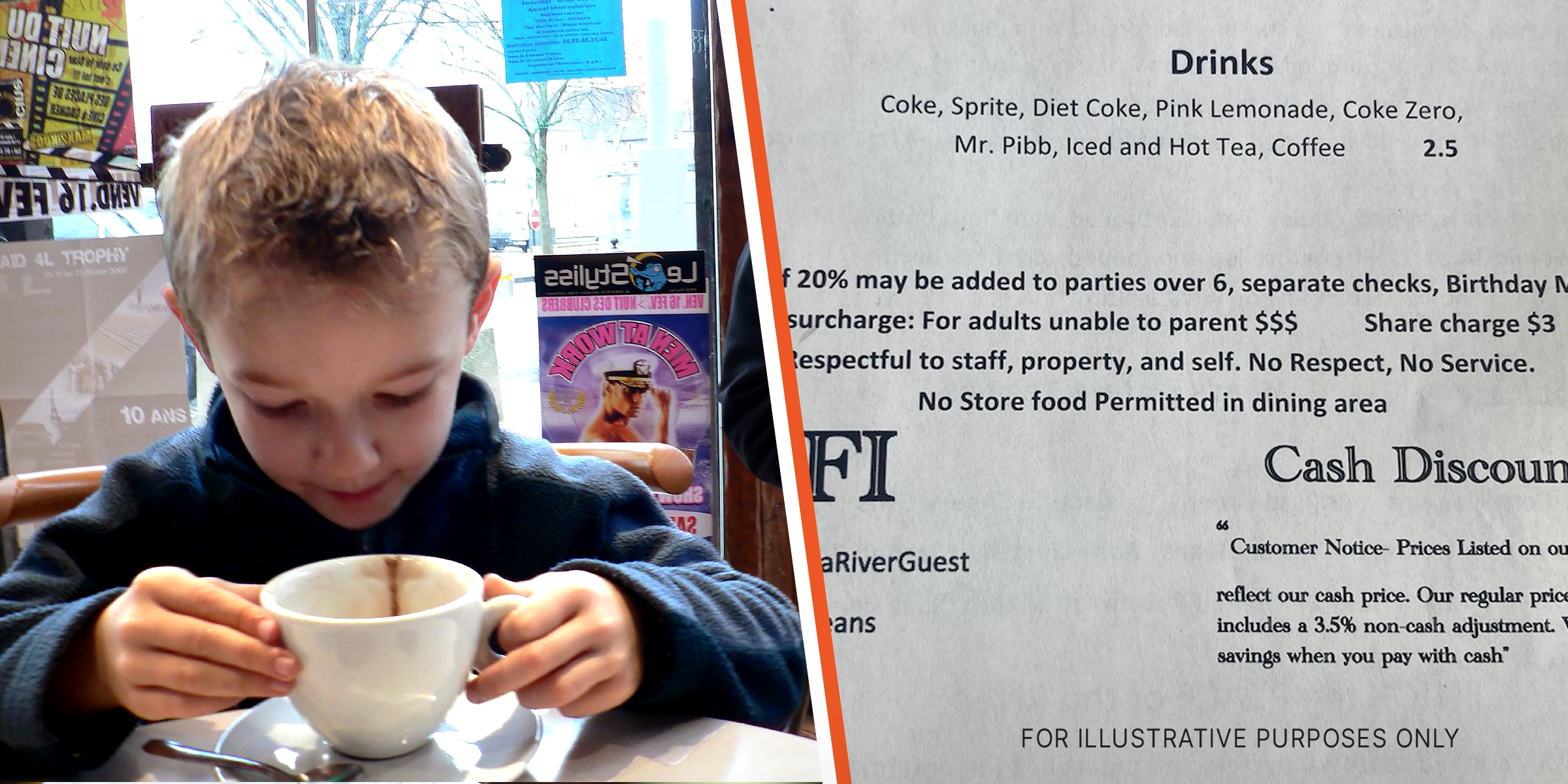 Kleiner Junge trinkt Kaffee in einem Restaurant | Eine Restaurantkarte | Quelle: reddit.com/LPineapplePizzaLover | flickr.com/dwysiu