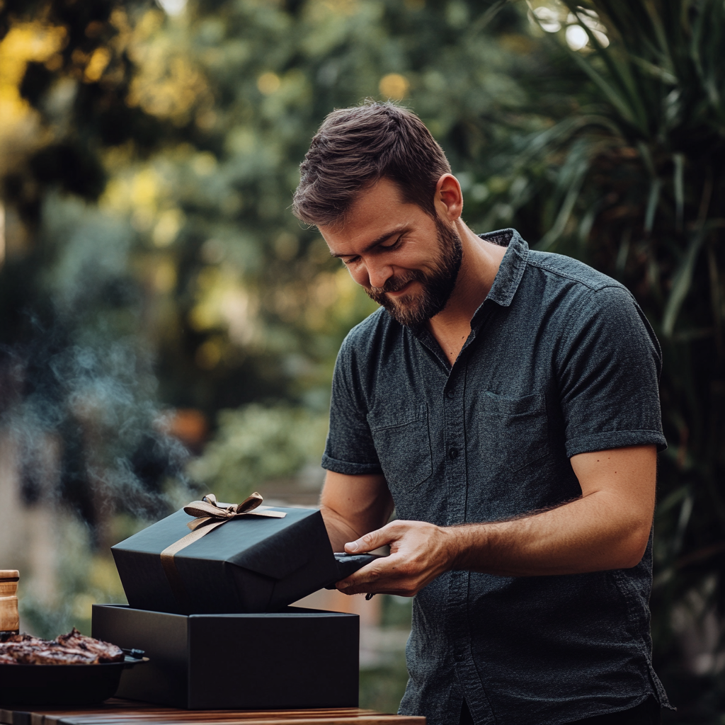 Ein Mann öffnet eine schwarze Geschenkbox | Quelle: Midjourney