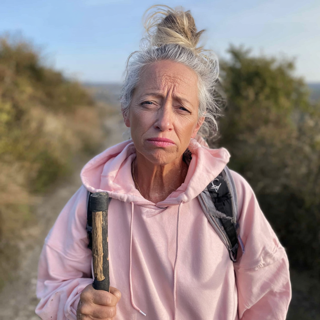 Eine Nahaufnahme einer aufgebrachten älteren Frau in einem rosa Trainingsanzug | Quelle: Midjourney
