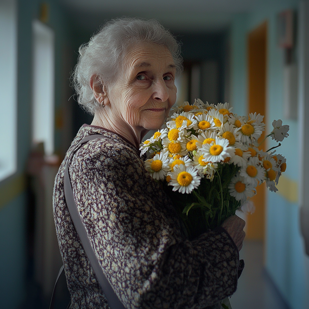Eine ältere Frau hält einen Strauß Gänseblümchen | Quelle: Midjourney