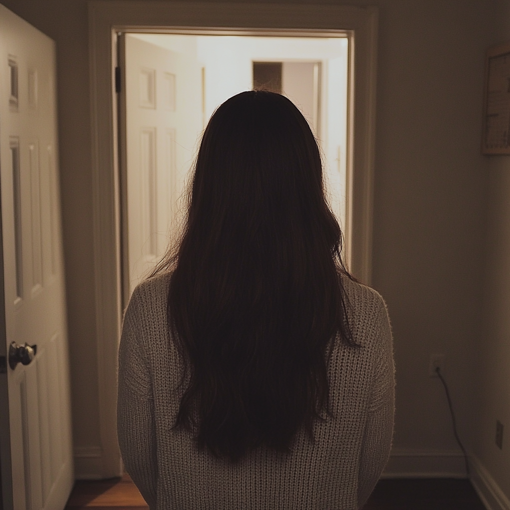 Eine Frau, die in einem Wohnungsflur steht | Quelle: Midjourney