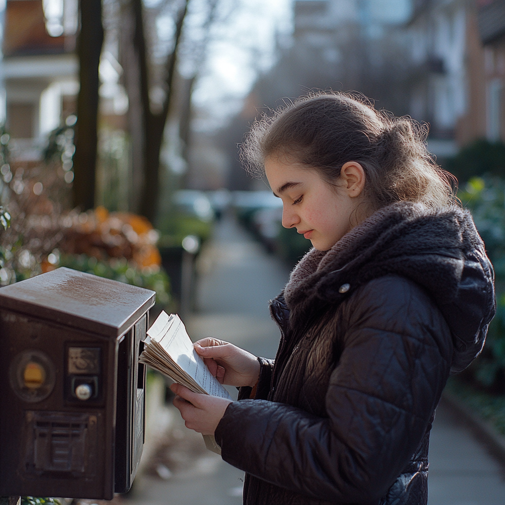 Eine junge Frau holt ihre Post aus ihrem Briefkasten ab | Quelle: Midjourney