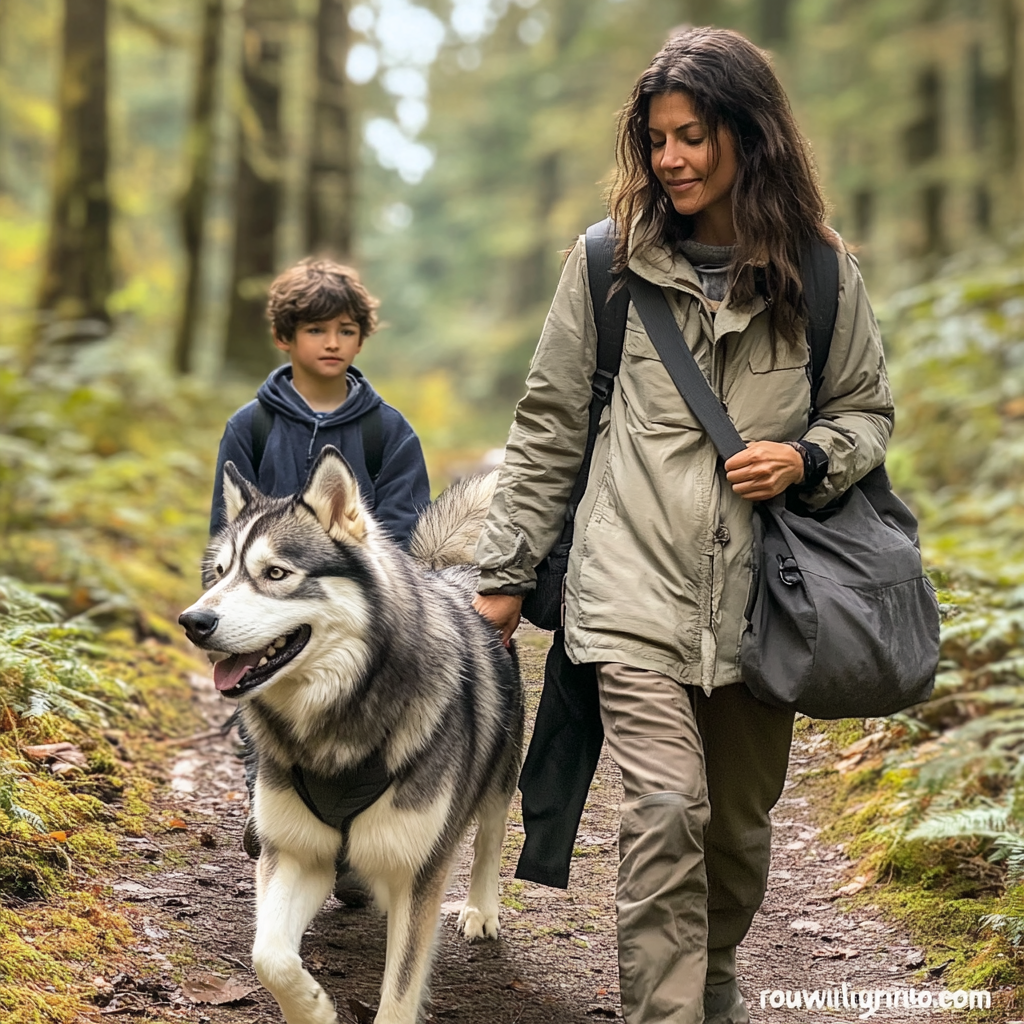 Eine Frau, die mit ihrem Sohn und ihrem Husky in den Wald geht | Quelle: Midjourney