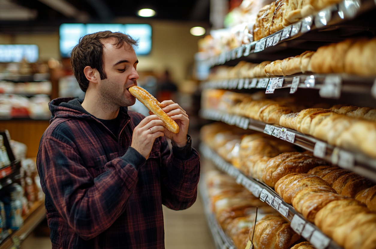 Ein Mann isst eine Brotstange in einem Lebensmittelladen | Quelle: Midjourney