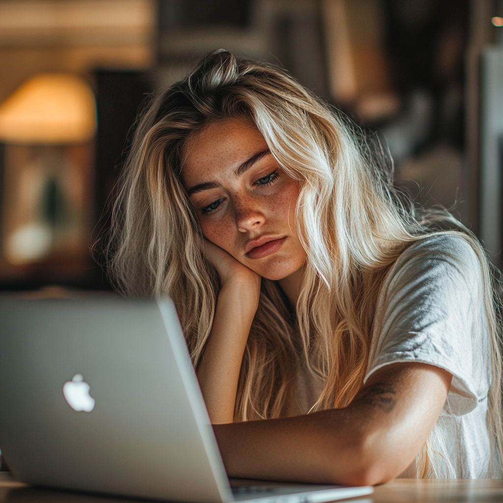 Eine extrem müde Frau, die von zu Hause aus an ihrem Laptop arbeitet | Quelle: Midjourney