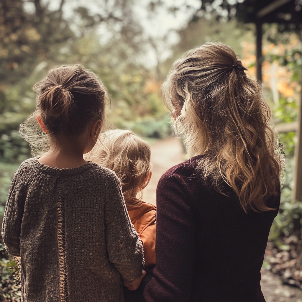 Frau, die mit ihren Kindern weggeht | Quelle: Midjourney