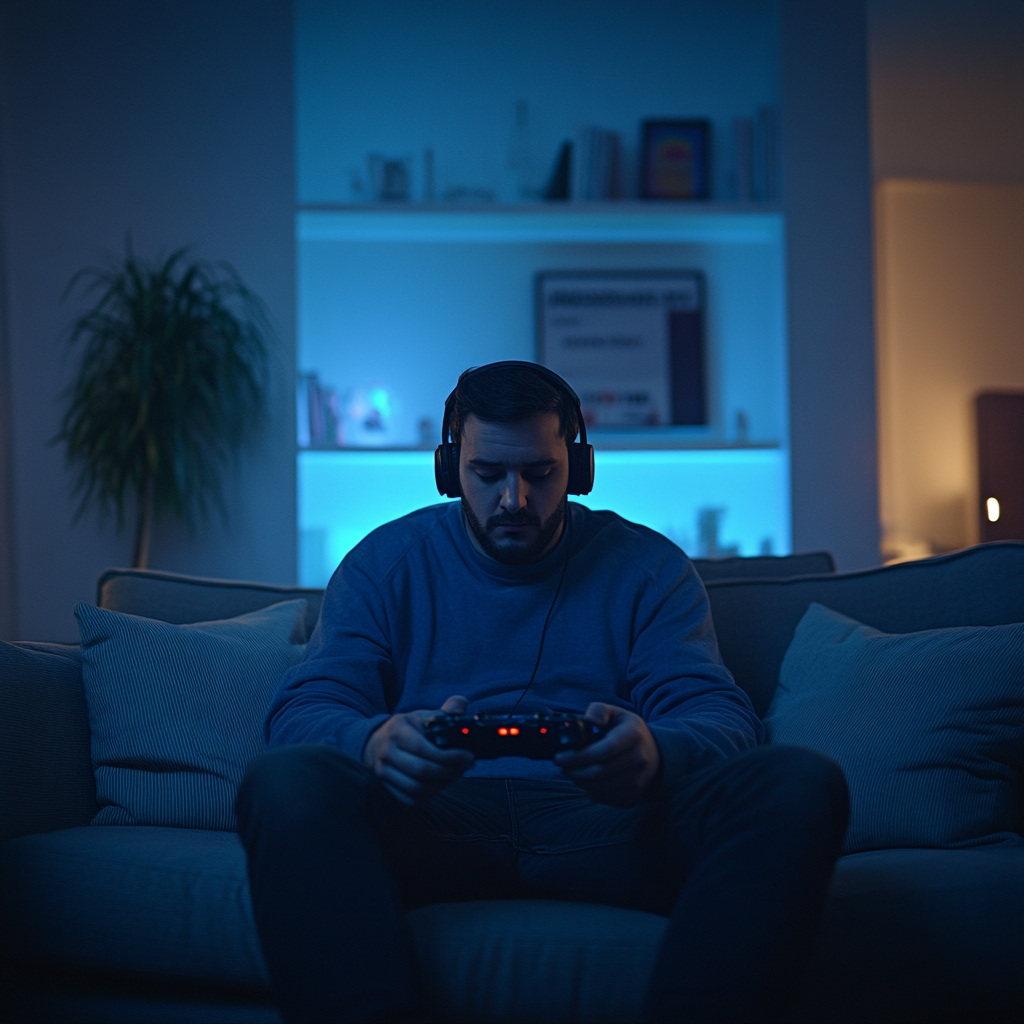 Ein Mann sitzt auf einer Couch, trägt ein Headset und spielt nachts Videospiele. | Quelle: Midjourney