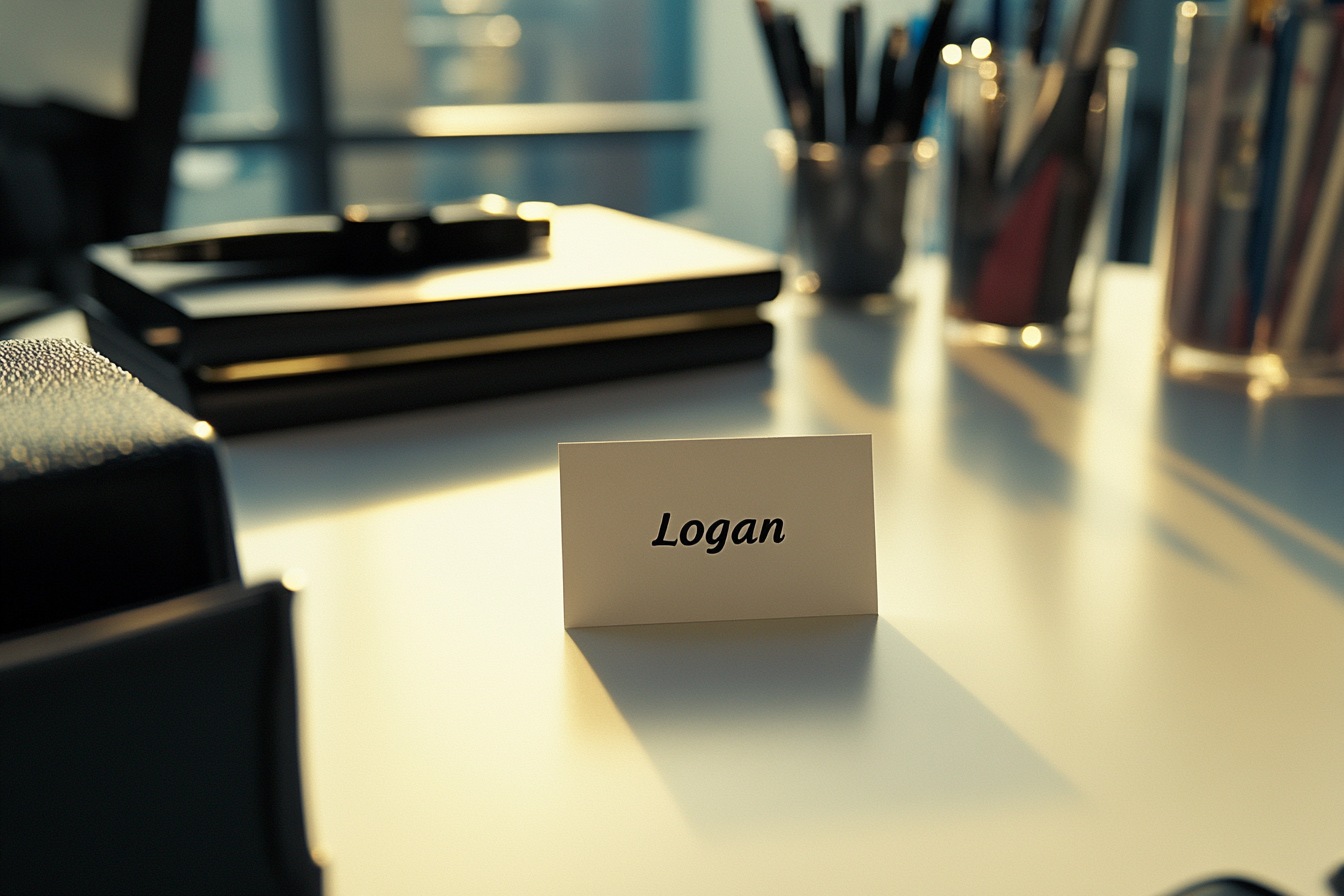 Eine Kontaktkarte auf einem Schreibtisch mit der Aufschrift „Logan“ | Quelle: Midjourney