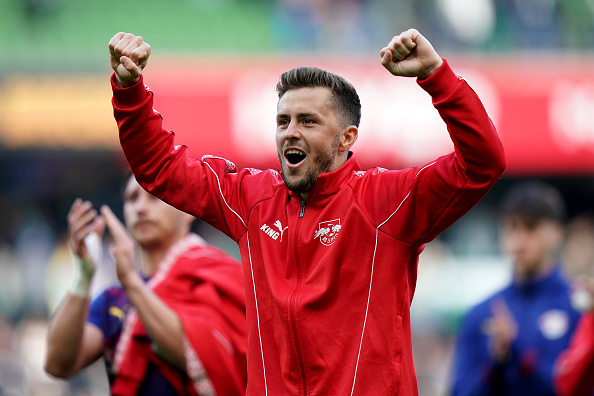 Christoph Baumgartner feiert den Sieg von RB Leipzig gegen Werder Bremen im Weserstadion, Bremen, 4. April 2026. | Quelle: Getty Images