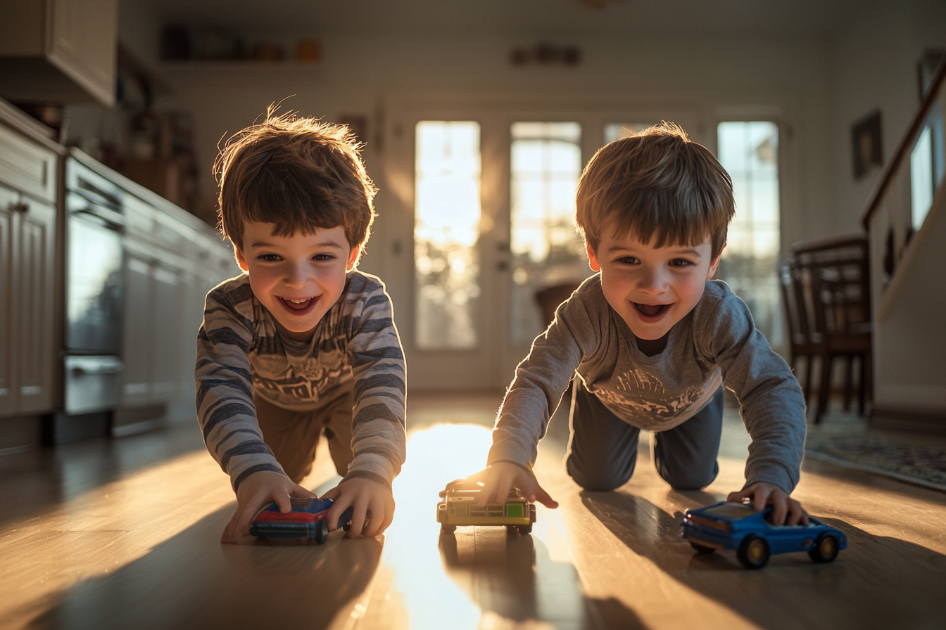 Zwei 7-jährige Jungen spielen mit Spielzeugautos auf dem Küchenboden | Quelle: Midjourney