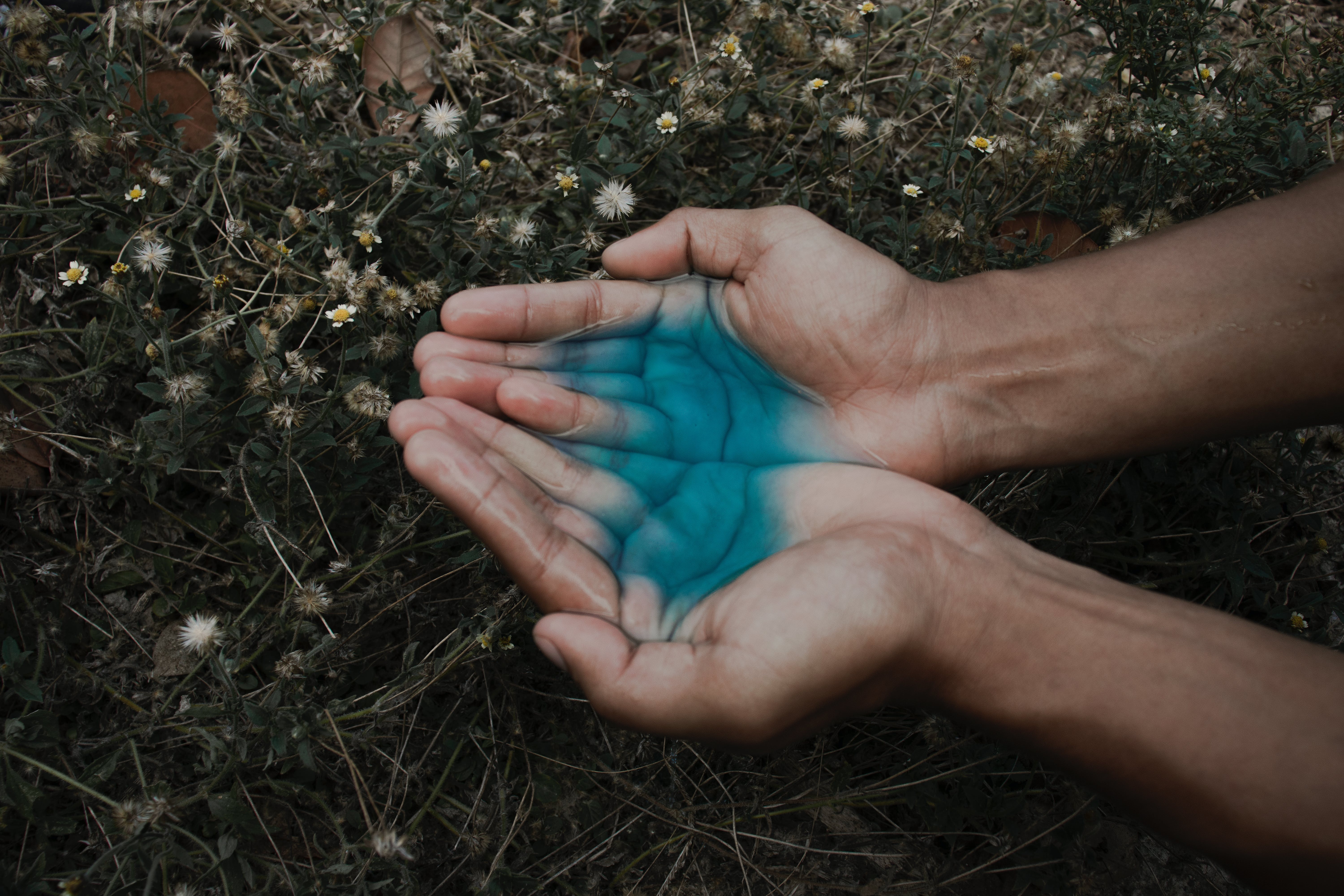 Eine Person hält eine blaue Flüssigkeit in ihren Händen. | Quelle: Pexels