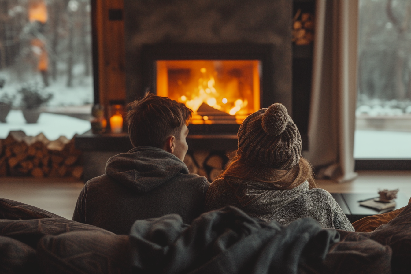 Eine Rückenansicht eines Paares, das sich zu Hause am Kamin unterhält | Quelle: Midjourney