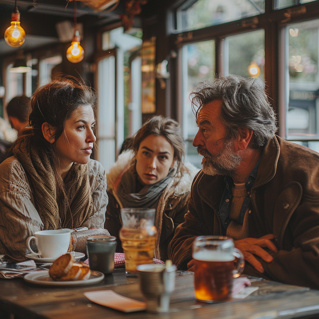 Eine Frau mit ihren Eltern in einem Restaurant | Quelle: Midjourney