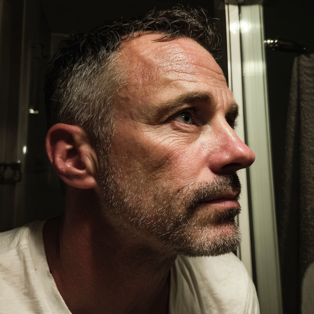 Ein nachdenklicher Mann, der in einem Badezimmer steht | Quelle: Midjourney
