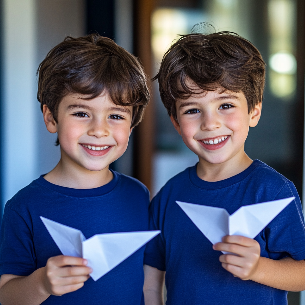 Zwei Jungen halten Papierflieger und lächeln | Quelle: Midjourney