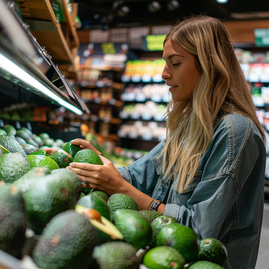 Eine Frau pflückt Avocados in einem Lebensmittelladen | Quelle: Midjourney