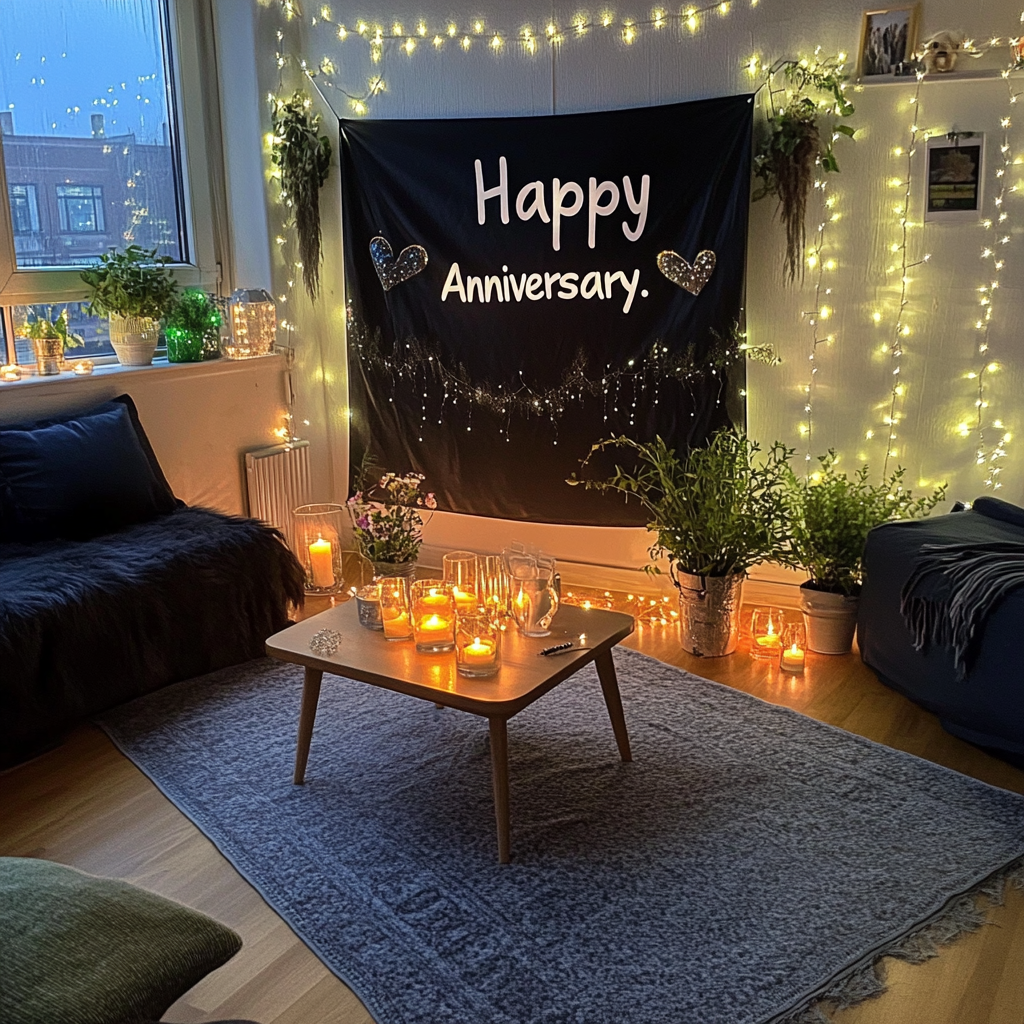 Ein gemütliches Wohnzimmer mit einem wunderschönen "Happy Anniversary" Banner an der Wand | Quelle: Midjourney