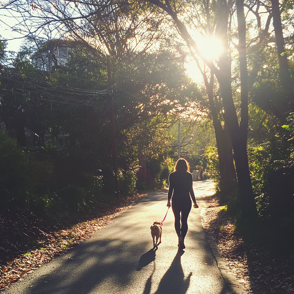 Eine Frau geht mit ihrem Hund spazieren | Quelle: Midjourney