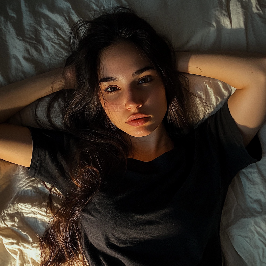 Eine Frau, die auf ihrem Bett liegt | Quelle: Midjourney