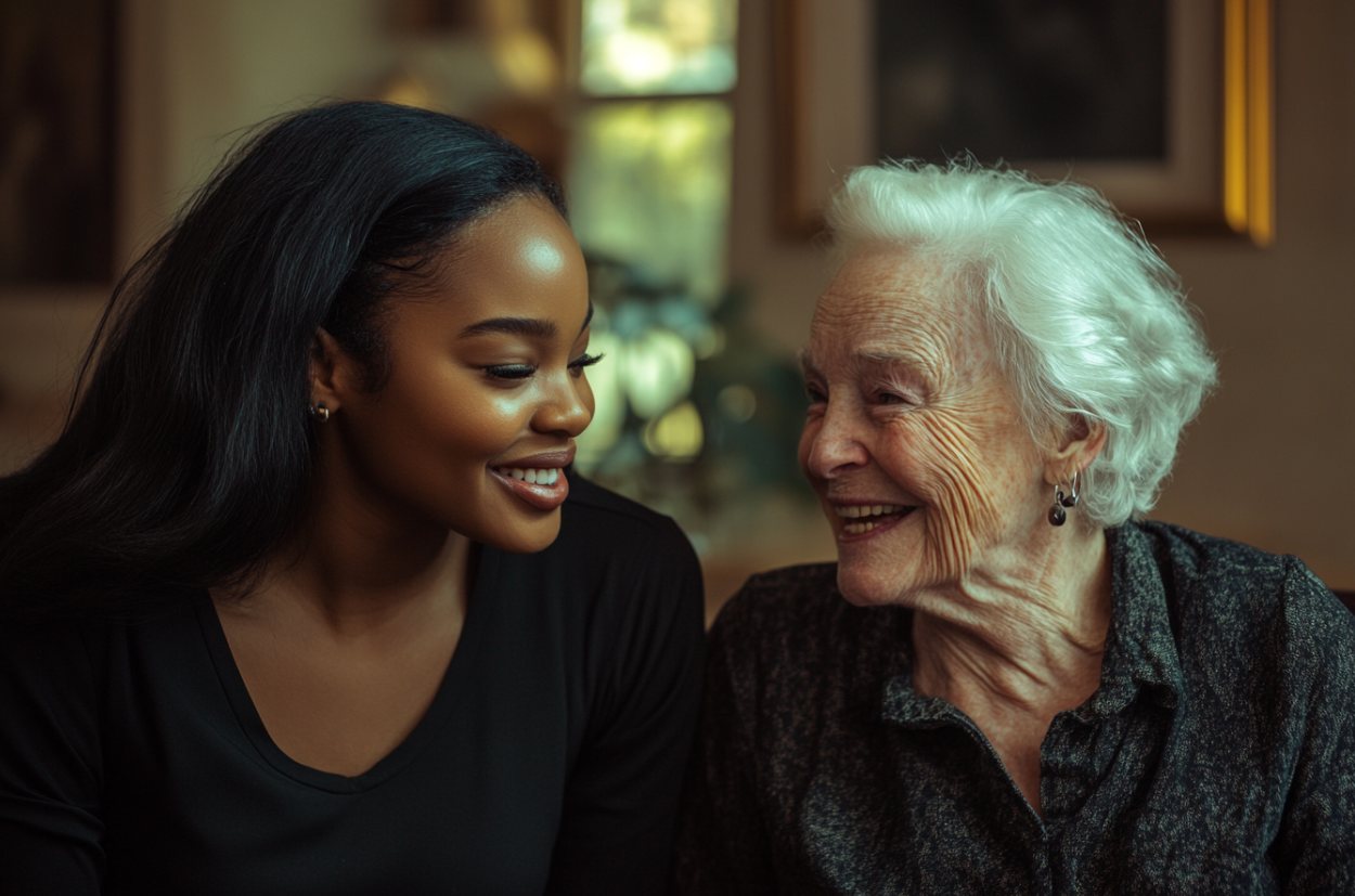 Zwei Frauen, die zusammen lachen | Quelle: Midjourney