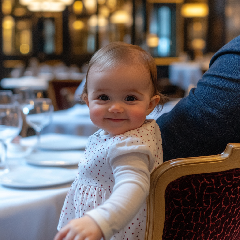 Kleinkind lächelt, während es in einem Restaurant sitzt | Quelle: Midjourney