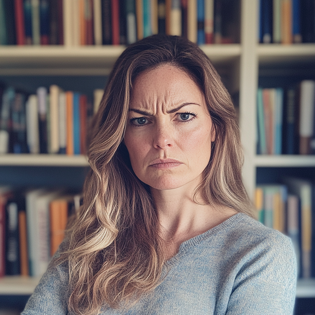 Eine wütende Frau steht vor einem Bücherregal | Quelle: Midjourney