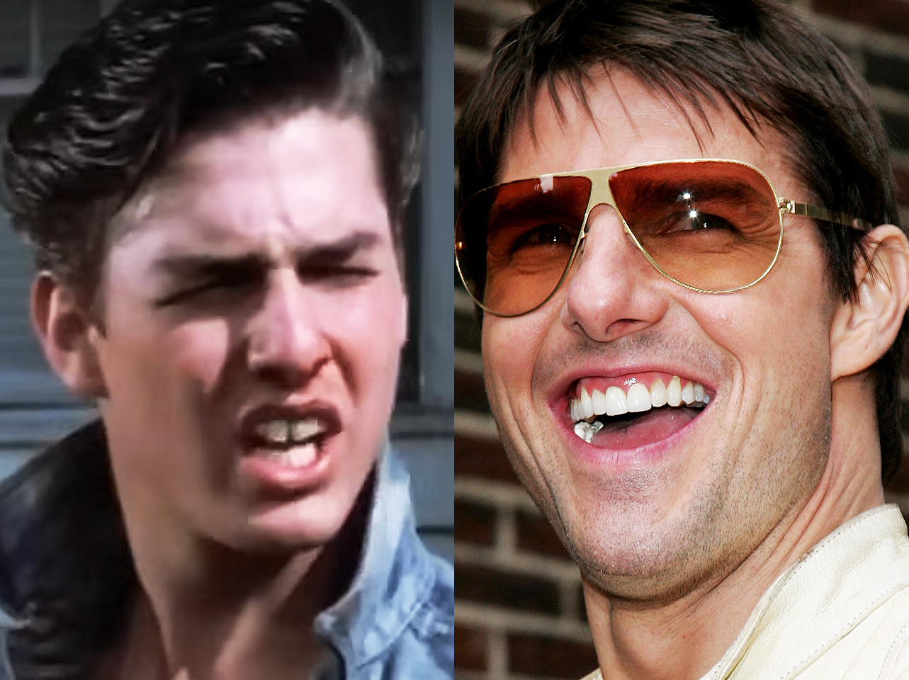 Ein Vorher-Nachher-Bild von Tom Cruise' Lächeln. | Quelle: YouTube/Warner Bros. | Getty Images