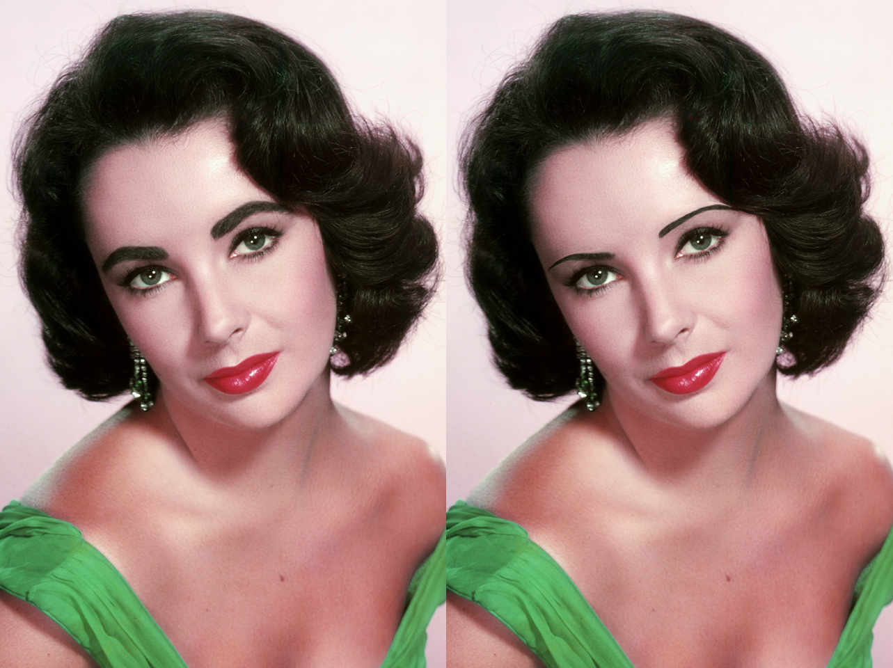 Elizabeth Taylors charakteristische Augenbrauen aus den 1950er Jahren im Vergleich zu einem digital bearbeiteten Look mit dünnen Brauen | Quelle: Getty Images
