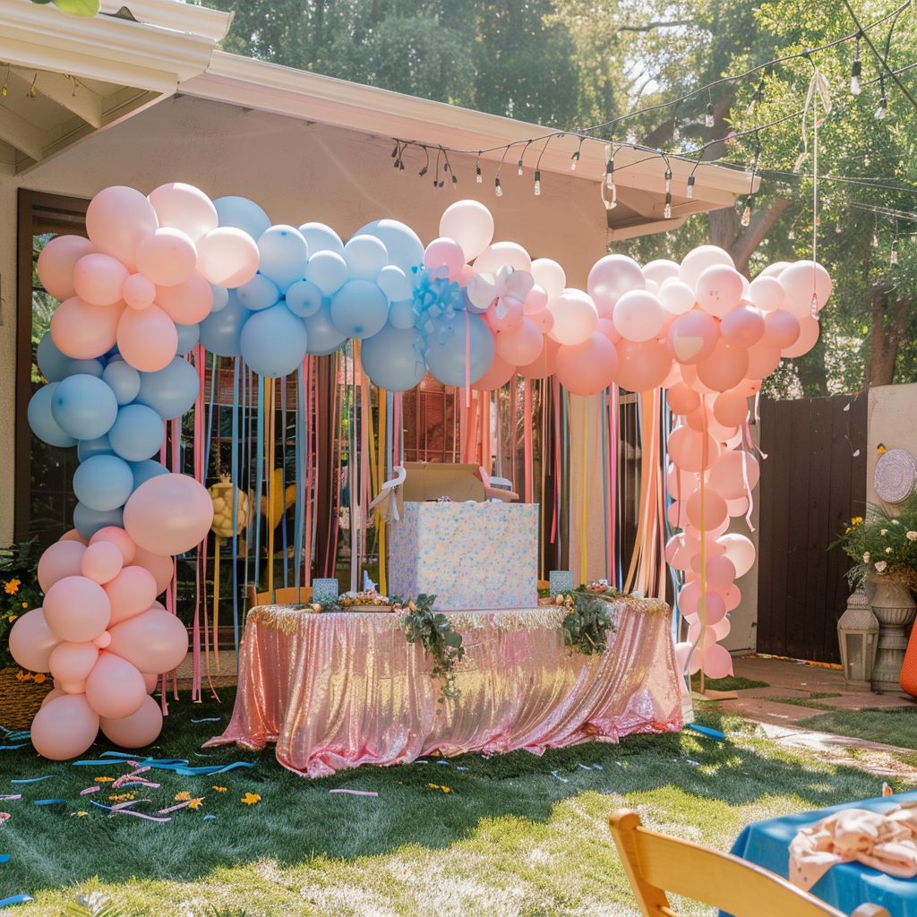 Ein Hinterhof, dekoriert für eine Gender Reveal Party | Quelle: Midjourney