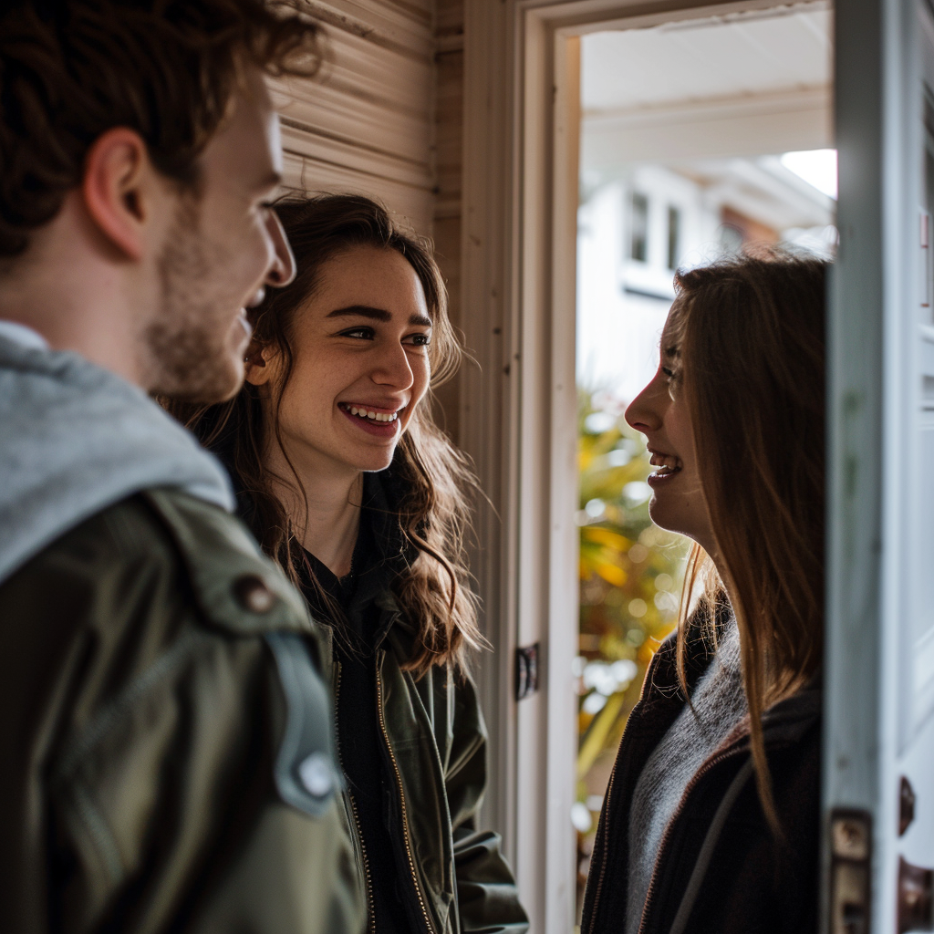 Katie sieht zu, wie Emily versucht, Mark davon zu überzeugen, ihr zu helfen | Quelle: Midjourney