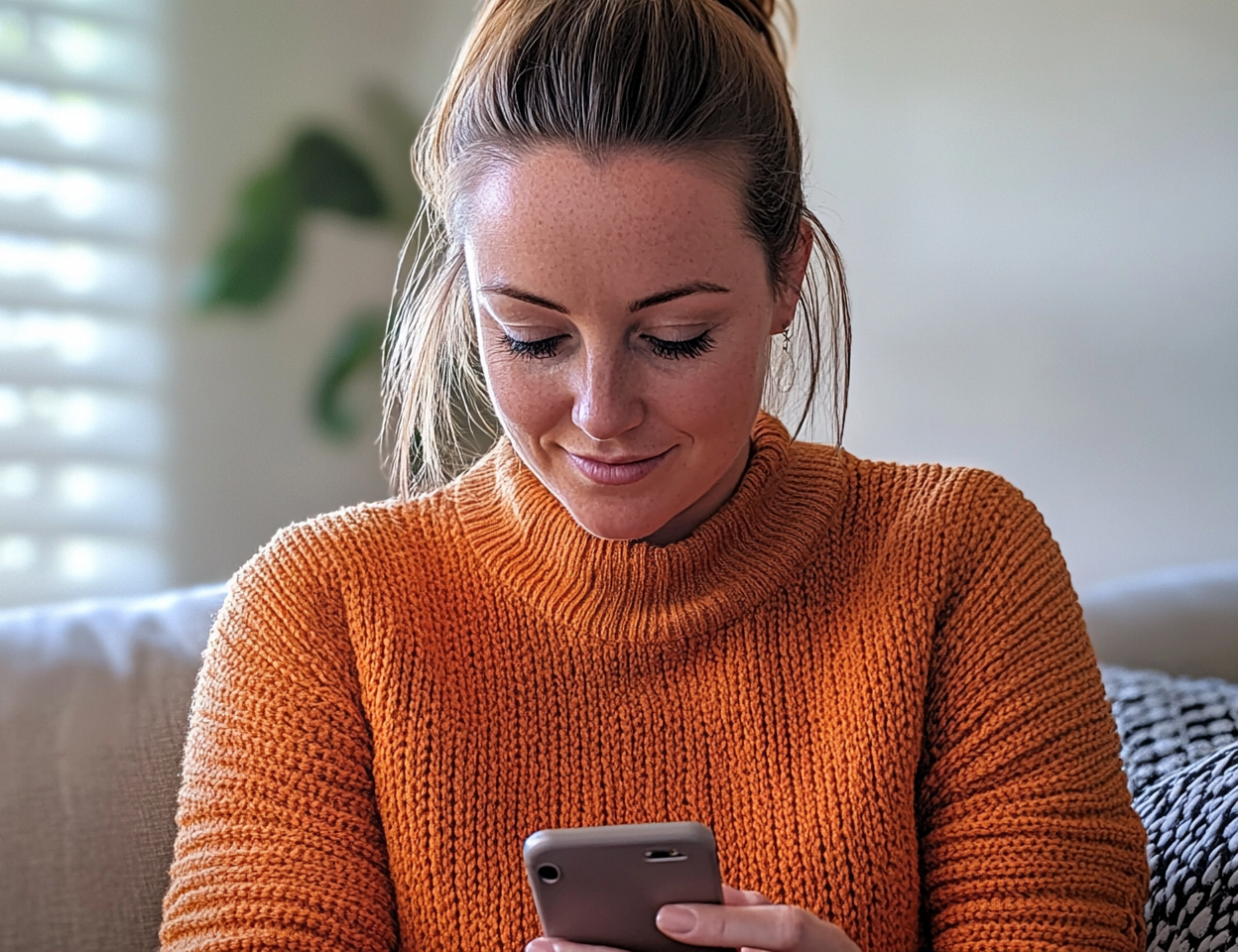 Eine Frau, die auf einer Couch sitzt und ihr Telefon benutzt | Quelle: Midjourney