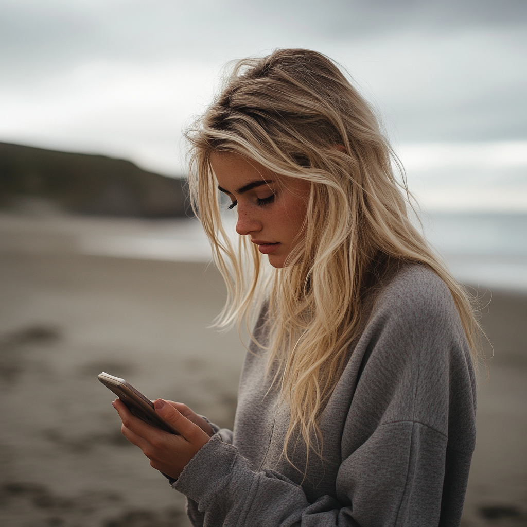 Eine besorgte Frau schaut auf ihr Telefon | Quelle: Midjourney