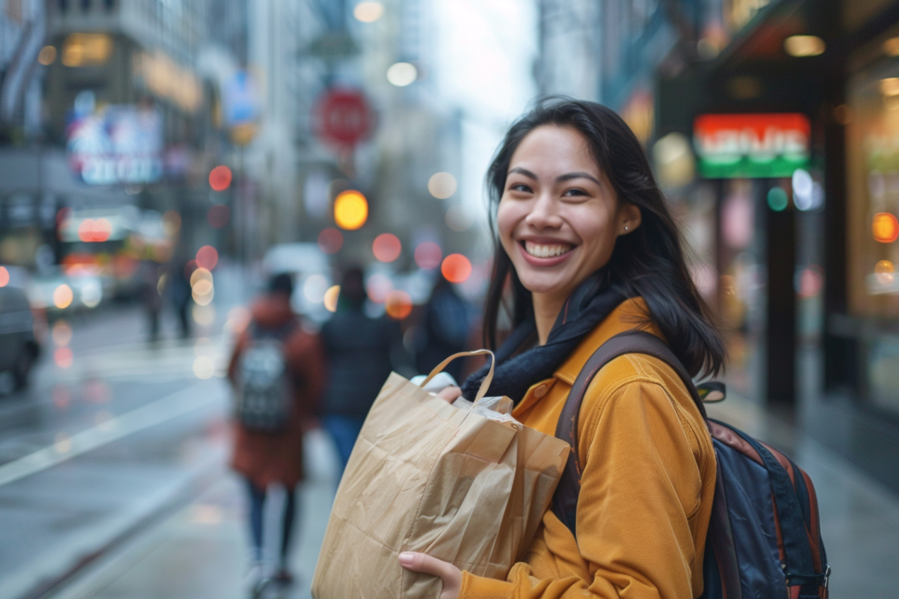 Eine Frau steht mit einem Lunchpaket in der Hand auf einer Straße in der Stadt | Quelle: MidJourney