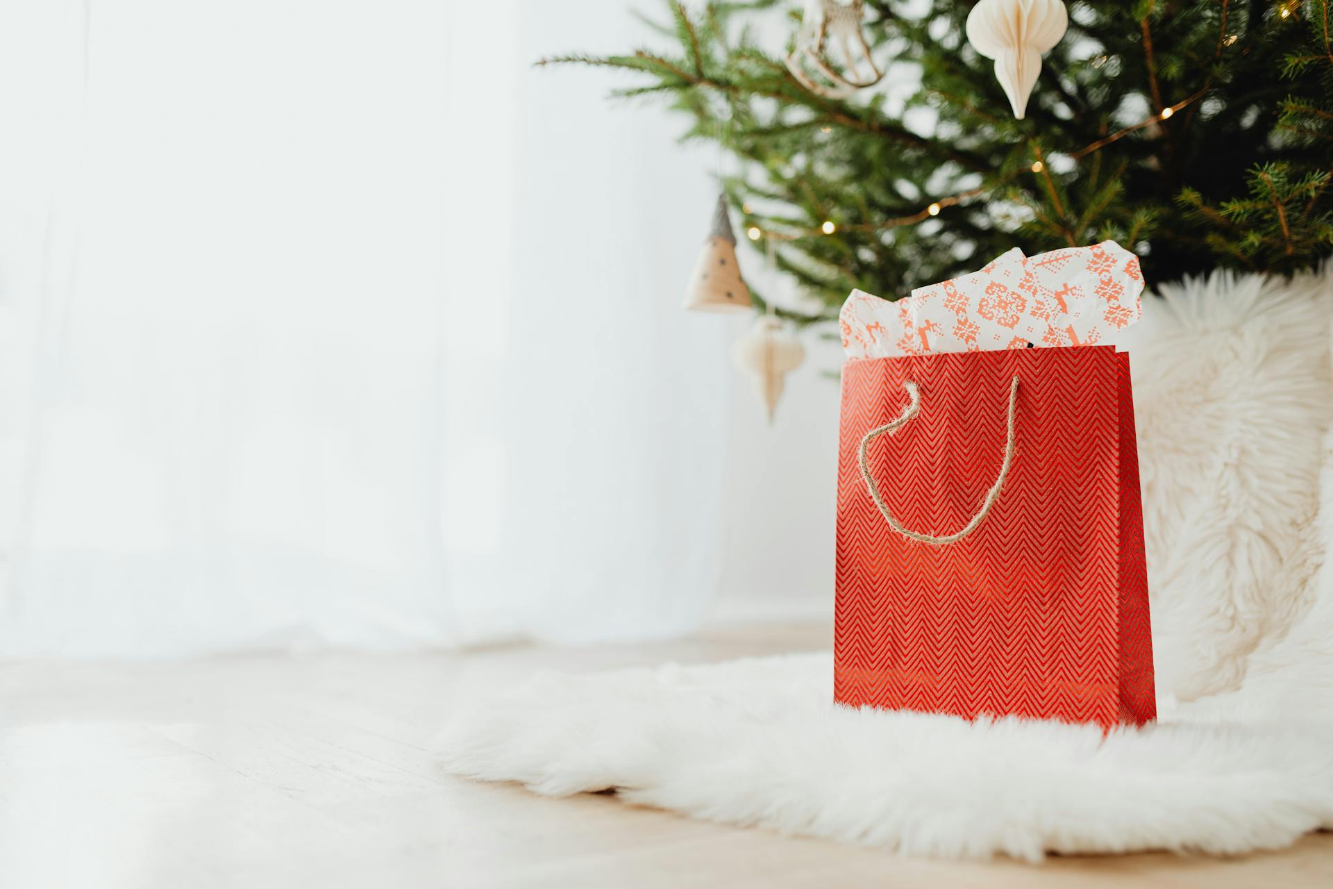 Eine rote Geschenktüte, die auf einem weißen Pelzteppich liegt | Quelle: Pexels