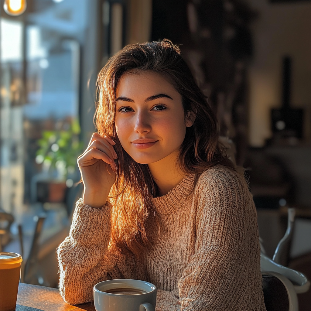 Eine Frau lächelt, während sie eine Tasse Kaffee genießt | Quelle: Midjourney