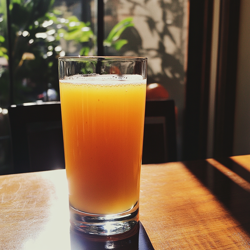 Ein Glas mit Saft auf einem Tisch | Quelle: Midjourney