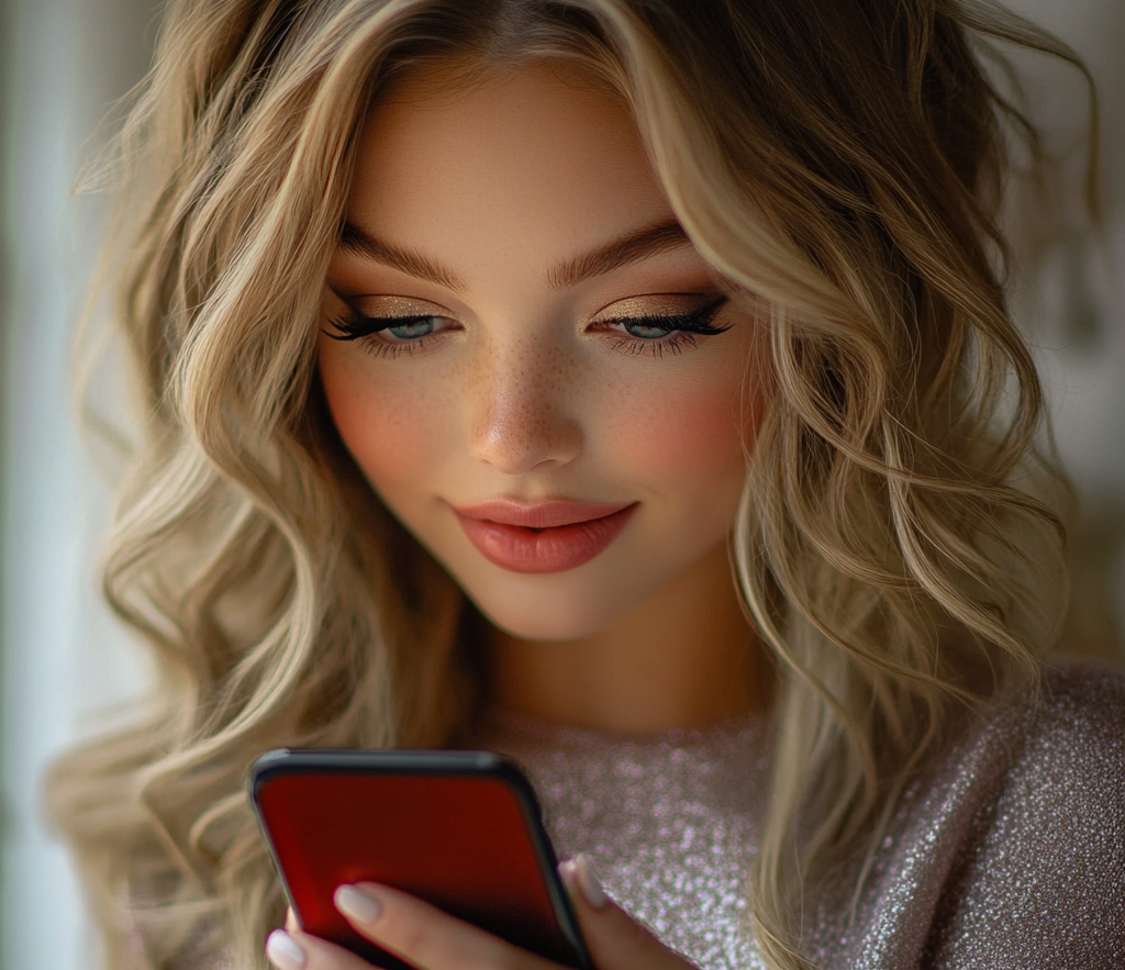 Eine Frau schaut auf ihr Telefon und lächelt | Quelle: Midjourney