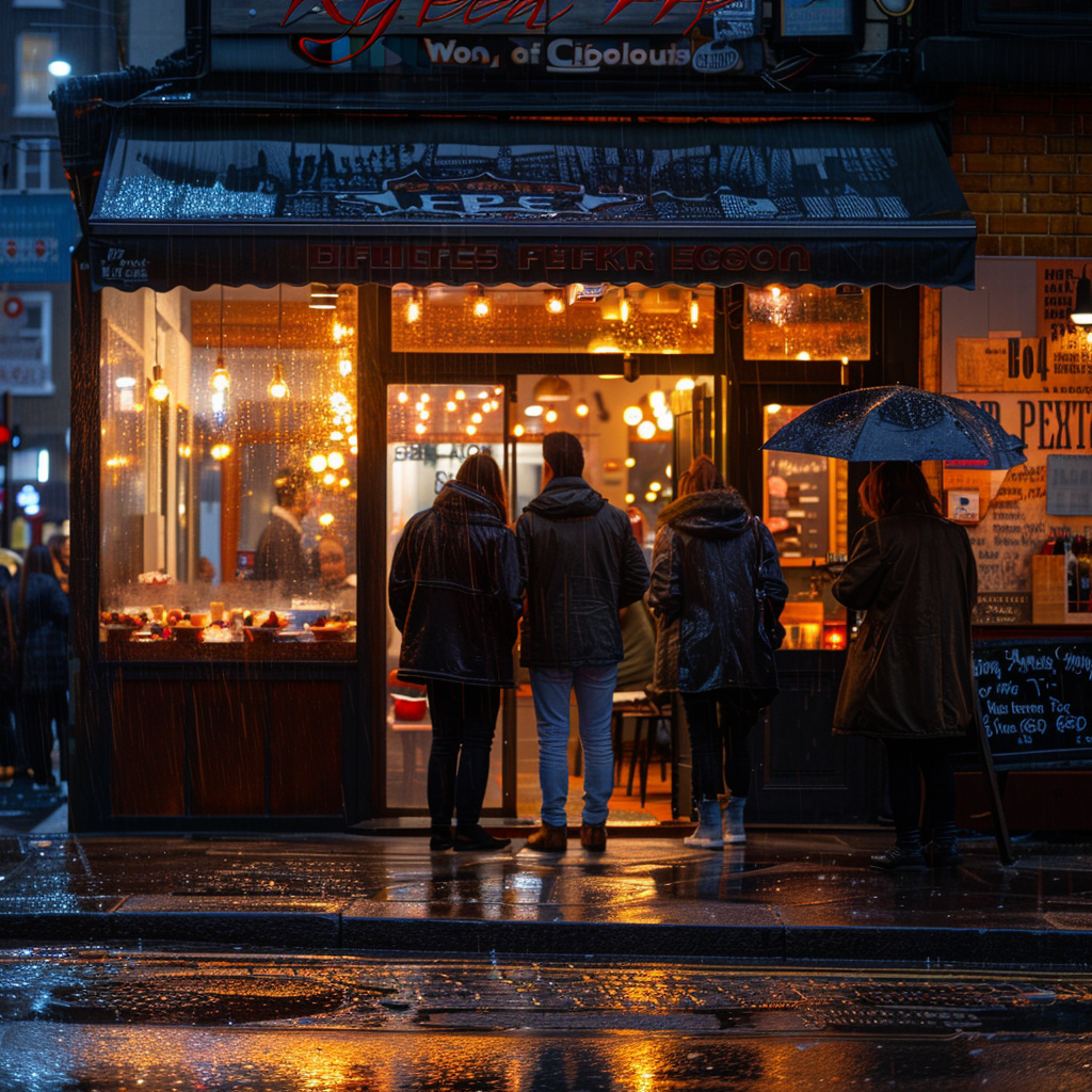 Menschen stehen vor einem Restaurant im strömenden Regen | Quelle: Midjourney