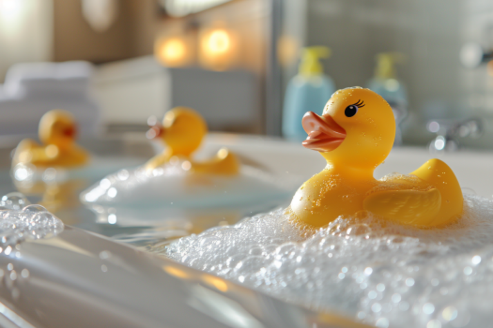 Gummi-Enten in einer seifigen Badewanne | Quelle: Midjourney