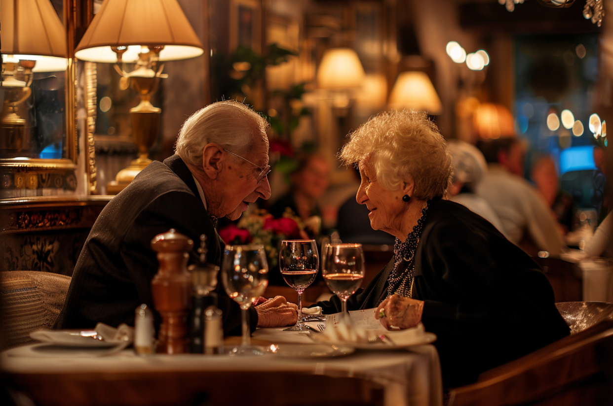 Ein älteres Paar beim Abendessen in einem Restaurant | Quelle: MidJourney