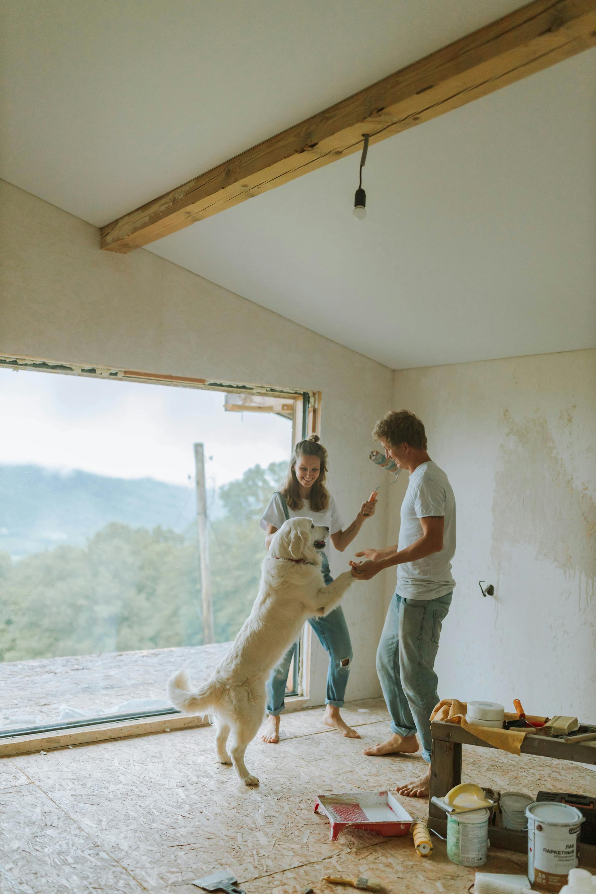 Ein Paar spielt mit seinem Hund, während es Renovierungsarbeiten durchführt | Quelle: Pexels